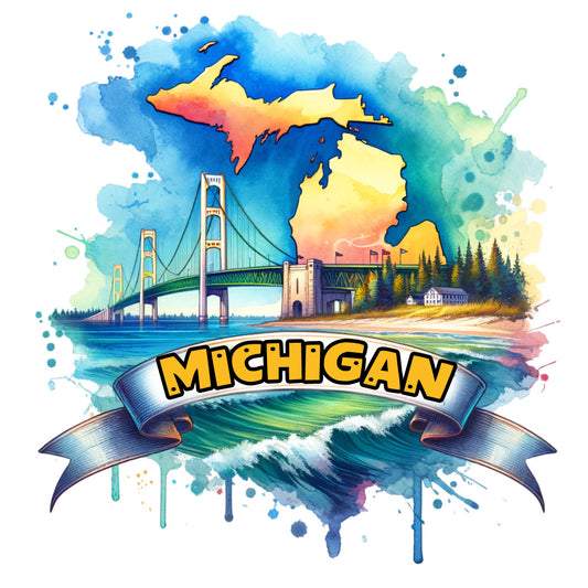 US States Retro Travel Fabric Panel 39 featuring a colorful Michigan map with Mackinac Bridge and scenic landscape printed on premium quilting cotton.