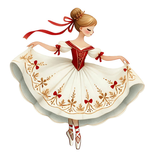 ballet dancer, ballerina, cream, ivory, burgundy red, gold, brown, floral, botanical, vintage, whimsical, elegant, feminine, graceful, dancing girl, embroidered florals, romantic, classic, red bows, golden leaves, decorative swirl, ballet pointe shoes, ribbon detail, storybook illustration, children's, nursery, classic ballet, timeless, artistic illustration