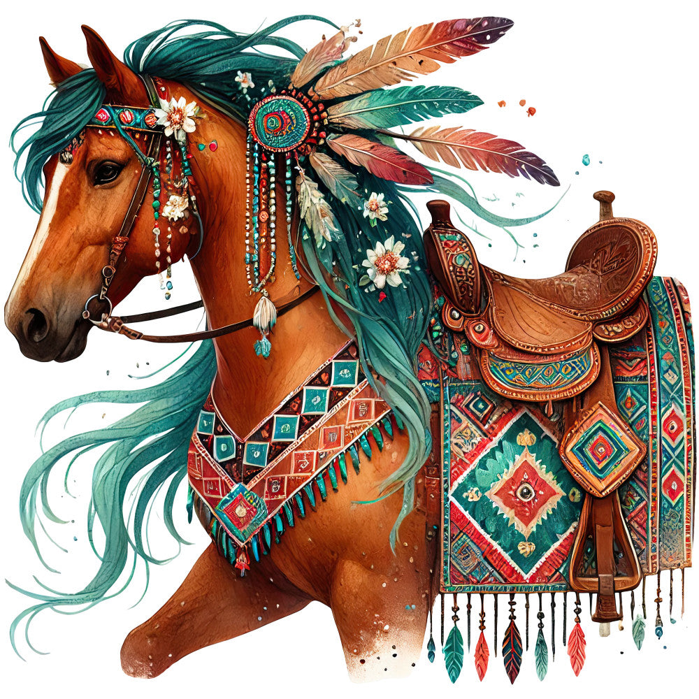 boho horse, chestnut brown, teal green, rust orange, feather headdress, native american inspired, decorative saddle, geometric patterns, dreamcatcher, flowing mane, tribal motifs, watercolor style, fabric panel, quilting cotton, southwestern design, equestrian art, bohemian style, turquoise accents, ornate bridle, mystical horse