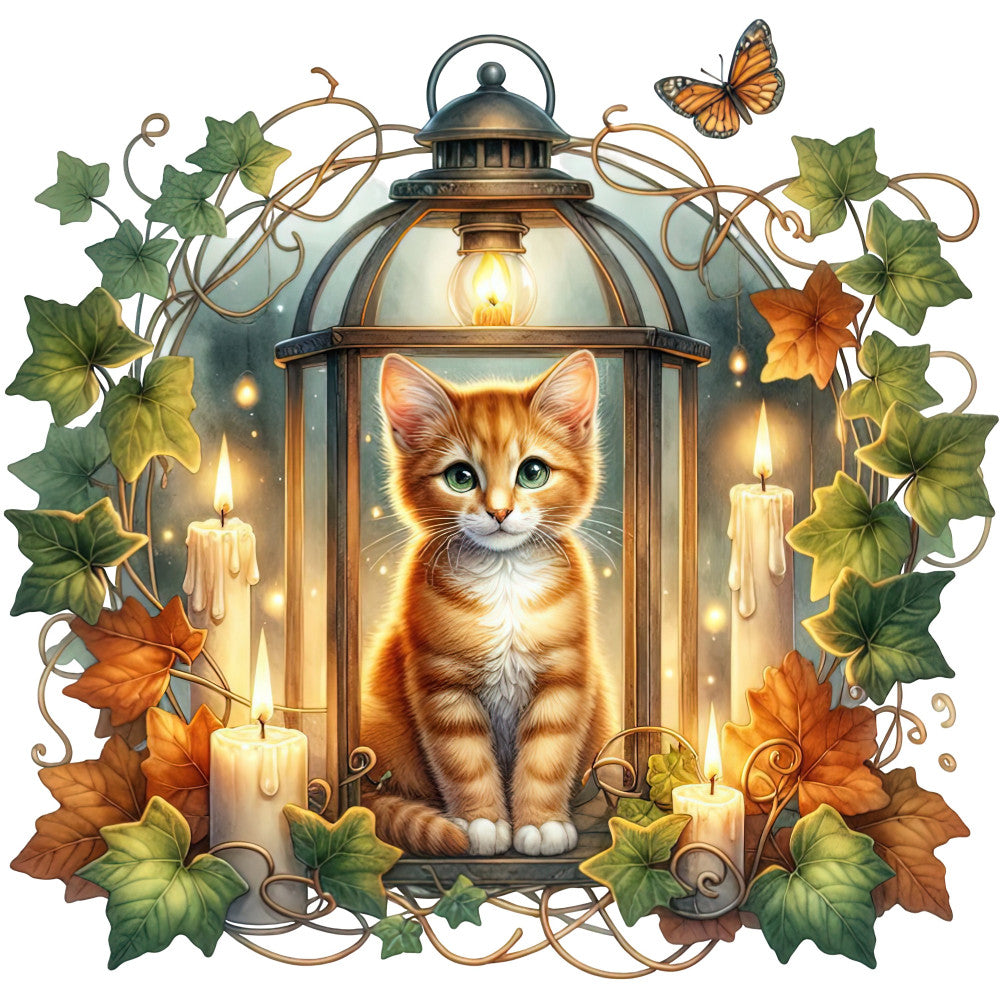 orange tabby cat, warm gold, forest green, burnt orange, cream, bronze, lantern, candles, autumn leaves, ivy vines, nature, animals, cats, whimsical, vintage, elegant, rustic, fairy tale, magical, woodland, botanical, fall, autumn, butterfly, decorative panel, home decor, warm tones, glowing light, enchanted, storybook