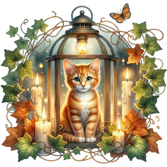 orange tabby cat, warm gold, forest green, burnt orange, cream, bronze, lantern, candles, autumn leaves, ivy vines, nature, animals, cats, whimsical, vintage, elegant, rustic, fairy tale, magical, woodland, botanical, fall, autumn, butterfly, decorative panel, home decor, warm tones, glowing light, enchanted, storybook