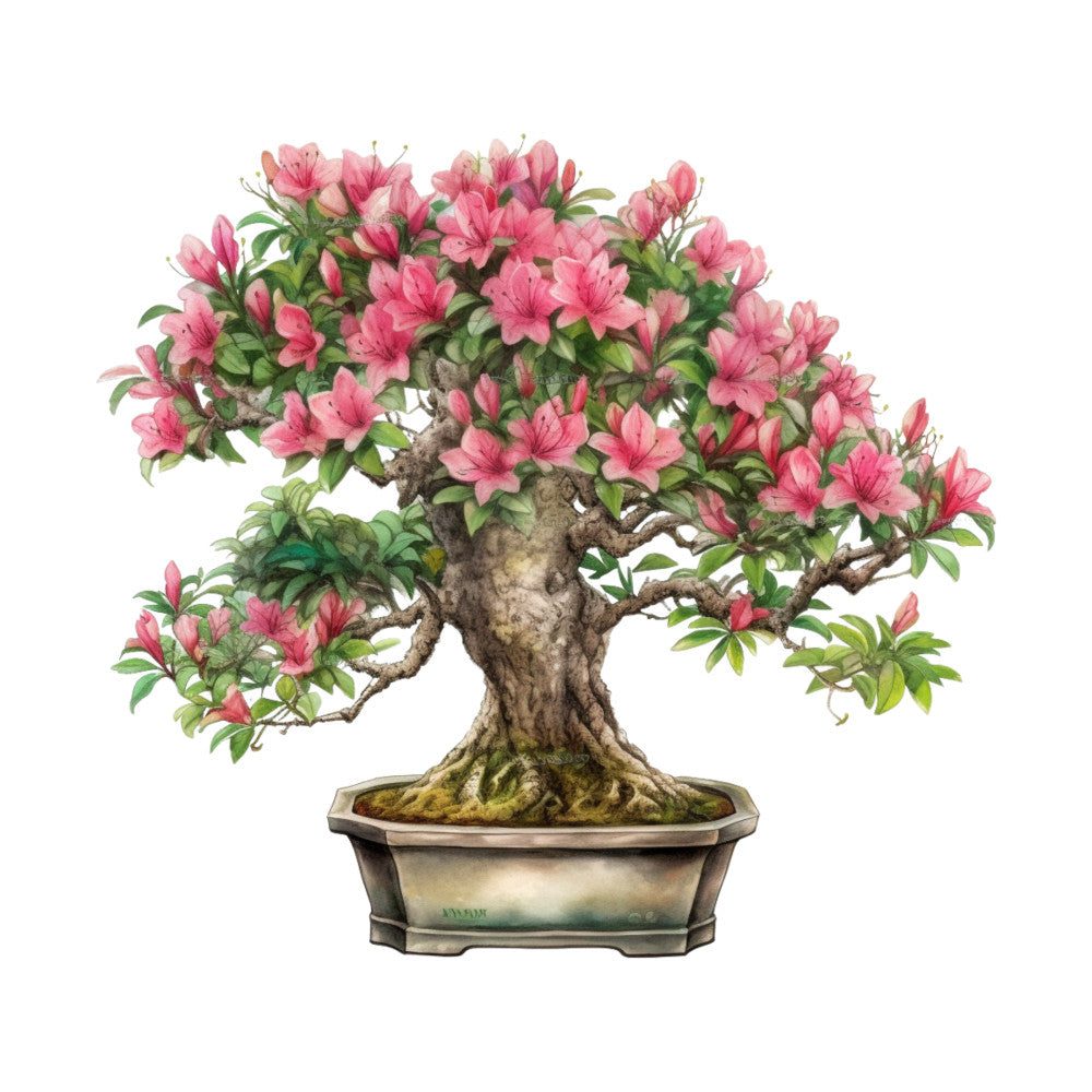 pink flowers, bonsai tree, floral design, botanical illustration, green leaves, brown trunk, ceramic pot, watercolor style, azalea blooms, miniature tree, fabric panel, quilting cotton, nature motif, spring theme, japanese garden, artistic rendering, soft pink, moss green, earthy brown, delicate blossoms