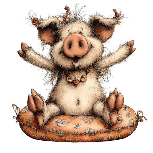 cute pig, farm animals, whimsical, farmhouse, country, cream, tan, rust, burnt orange, terracotta, brown, daisy flowers, floral, playful, children's, nursery, baby, animal character, pastoral, rustic, cheerful, folk art, cottage core, sitting pig, decorative panel, springtime, summer, nature inspired