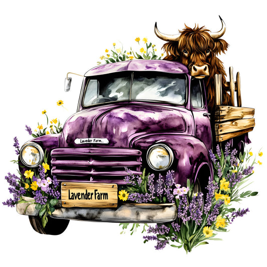 Highland Cows in Vintage Trucks Fabric Panel 4 featuring a vintage purple truck with flowers and a highland cow in the bed.