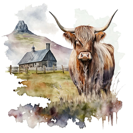 Watercolor Highland Cows Fabric Panel 1 featuring a detailed pubished highland cow and rustic farmhouse in soft watercolor quilting cotton print.