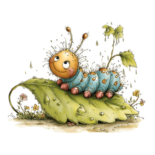 whimsical, caterpillar, nature, children's, illustrative, garden, spring, baby, soft yellow, sage green, blue-green, soft colors, watercolor, cute, playful, insects, leaves, flowers, raindrop, rain, pastoral, storybook, charming, gentle, organic, woodland, creatures, youth, nursery, dreamy