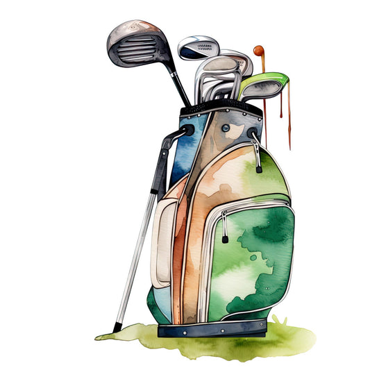 golf themed, golf bag, sports, golf clubs, recreational activity, leisure, navy blue, forest green, cream, tan, beige, orange, watercolor, illustrated, whimsical, casual, sporty, hobby, outdoor activity, golf course, landscape, nature inspired, modern illustration, instructional, themed panel, golf equipment, golf accessory, men's interest, golfing theme