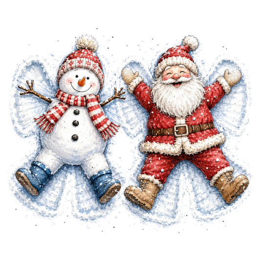 christmas, holiday, santa, snowman, winter, snow, red and white, cream, blue, festive, whimsical, cheerful, nostalgic, traditional, snow angels, red coat, striped scarf, knit hat, pom pom, jolly, joyful, children's, family, vintage christmas, retro, playful, winter scene, snow scene, december, seasonal