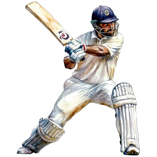 cricket, sports, india, indian cricket, batsman, athletic, navy blue, cream, white, tan, beige, gold, illustrated, realistic, figurative, watercolor, portrait, men's sports, masculine, vintage sports, traditional, elegant, sporting motif, cricket player, sports enthusiast, home décor, wall hanging, apparel, quilt panel
