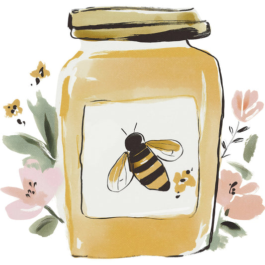 honey yellow, cream, soft pink, dusty rose, sage green, black, bee, honeycomb, floral, nature, insects, spring, summer, whimsical, botanical, garden, wildflowers, modern, hand-painted, watercolor, cottage core, farmhouse, sweet, honey themed, pollinator, yellow and black stripe, delicate flowers, nursery, decorative panel, home décor