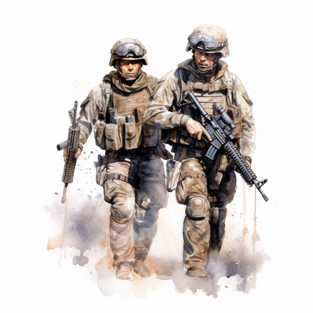 military, soldiers, camouflage, tan, khaki, brown, beige, gray, black, tactical, armed forces, patriotic, action, contemporary, realistic, portrait, combat, duty, valor, courage, heroic, uniform, modern, masculine, illustration style, veterans, memorial, tribute, servicemen
