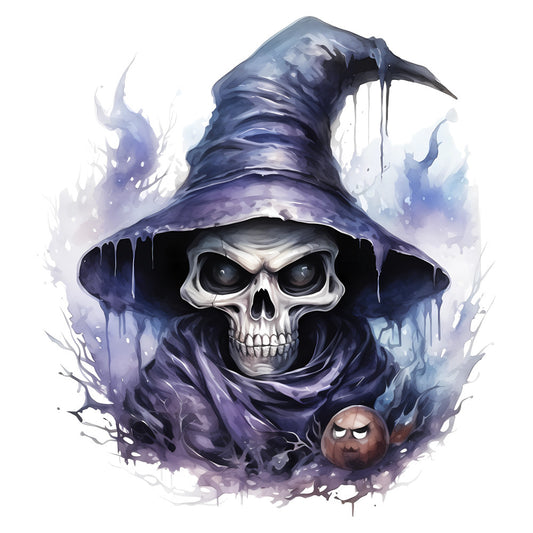 dark purple, navy blue, lavender, white, skull, wizard hat, magical, halloween, spooky, gothic, witchy, dark fantasy, mystical, enchanted, character design, whimsical, autumn, fantasy art, supernatural, black, watercolor style, dripping effect, moody, creepy, magical character, dark whimsical, illustration style, character panel