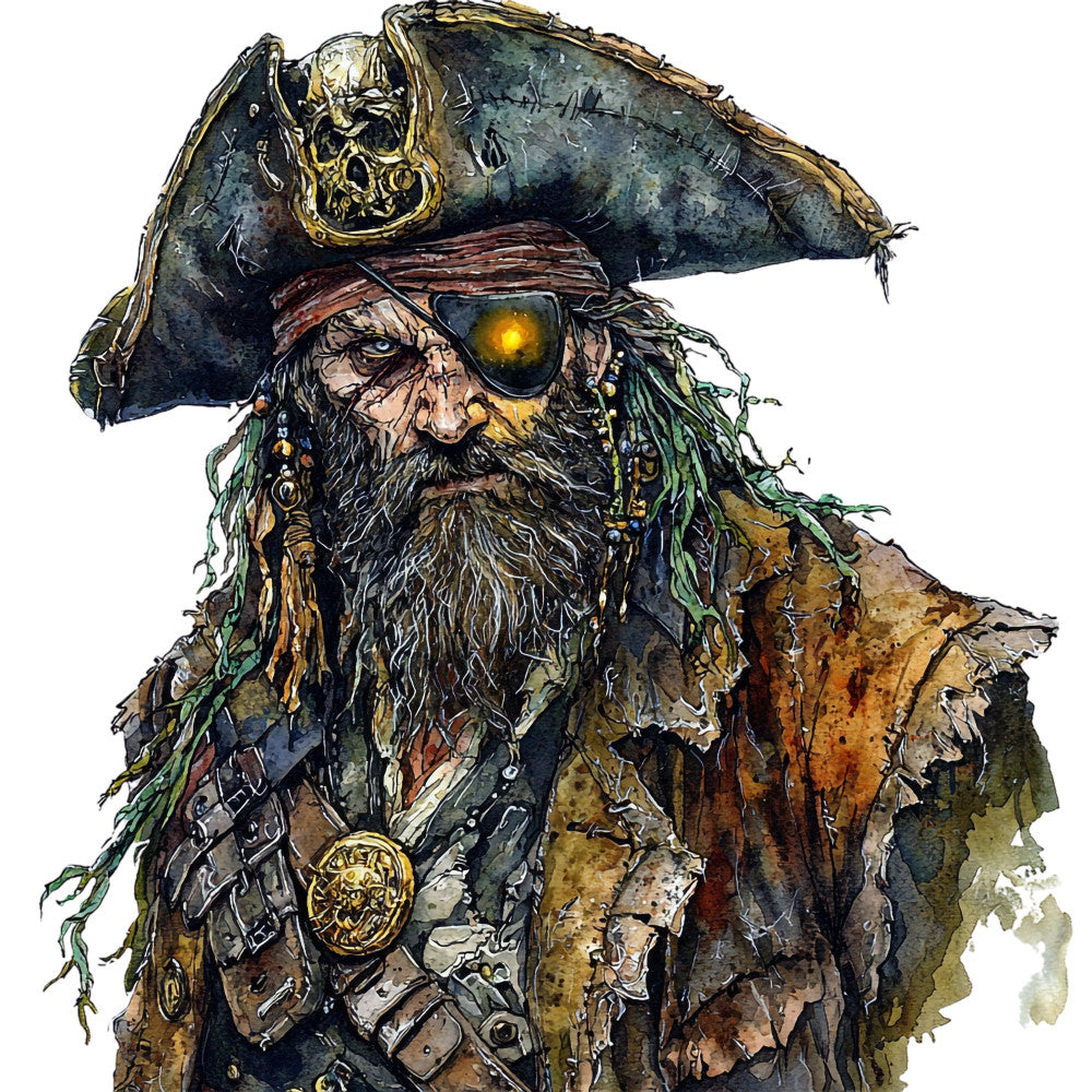 pirate, nautical, adventure, steampunk, vintage, weathered, bearded man, eye patch, tricorn hat, gold accents, brass, ocean, seafaring, rustic, masculine, historical, fantasy, character, portrait, navy blue, teal, bronze, brown, aged, distressed, adventure quilt, wall hanging, decorative panel, rebellious