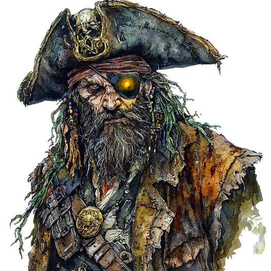 pirate, nautical, adventure, steampunk, vintage, weathered, bearded man, eye patch, tricorn hat, gold accents, brass, ocean, seafaring, rustic, masculine, historical, fantasy, character, portrait, navy blue, teal, bronze, brown, aged, distressed, adventure quilt, wall hanging, decorative panel, rebellious