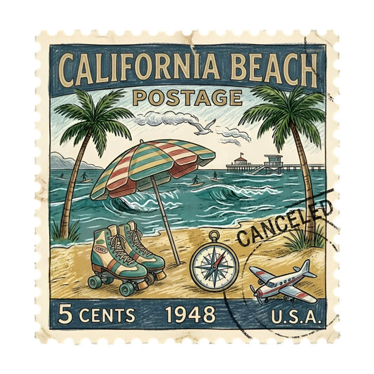 vintage beach, california postage stamp, retro 1948, nostalgic travel, beach scene, palm trees, roller skates, beach umbrella, compass rose, small airplane, pier boardwalk, ocean waves, sandy beach, teal blue, cream beige, rust red, golden yellow, coastal theme, summer vacation, travel theme, whimsical style, retro americana, vintage postcard, mid-century modern, seaside nostalgia, turquoise water, vintage transportation, retro typography, beach aesthetic, wall hanging fabric