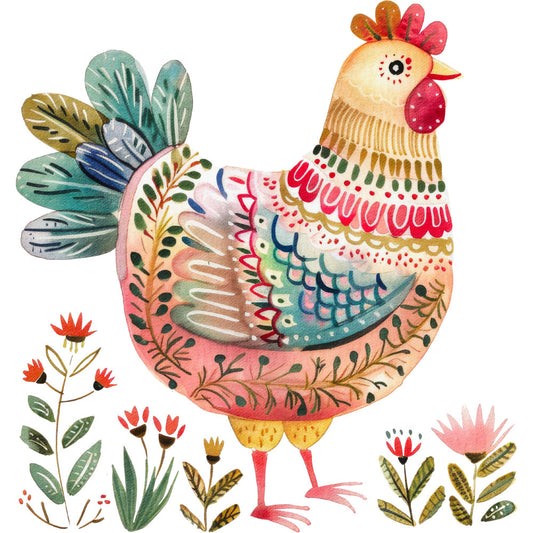 Folk Chicken Fabric Panel 1
