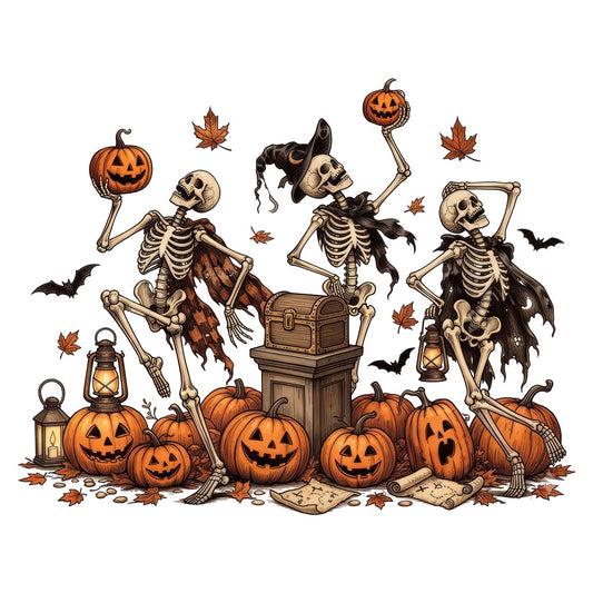 halloween, skeletons, jack-o-lanterns, pumpkins, fall, autumn, orange, black, cream, tan, brown, spooky, festive, holiday, trick-or-treat, skeleton dance, dancing skeletons, bats, maple leaves, treasure chest, lanterns, witchy, whimsical, vintage halloween, traditional, seasonal, decorative, trick or treat, haunted, festive fall