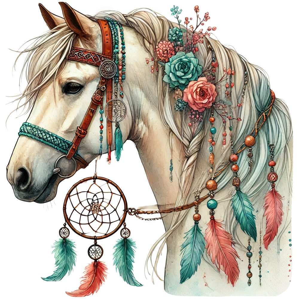 boho horse, white horse, dreamcatcher, feathers, floral crown, braided mane, turquoise, coral pink, teal, beige, southwestern style, native american inspired, bohemian design, fabric panel, quilting cotton, decorative beads, roses, wildflowers, horse portrait, mystical artwork