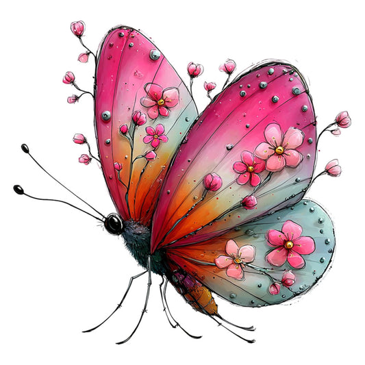 butterfly, pink, coral, orange, gradient, floral, nature, whimsical, fantasy, insect, flowers, buds, metallic studs, embellished, spring, summer, artistic, modern, decorative, children's, magical, botanical, delicate, elegant, charming, dreamy, colorful, pastel gradient, statement fabric