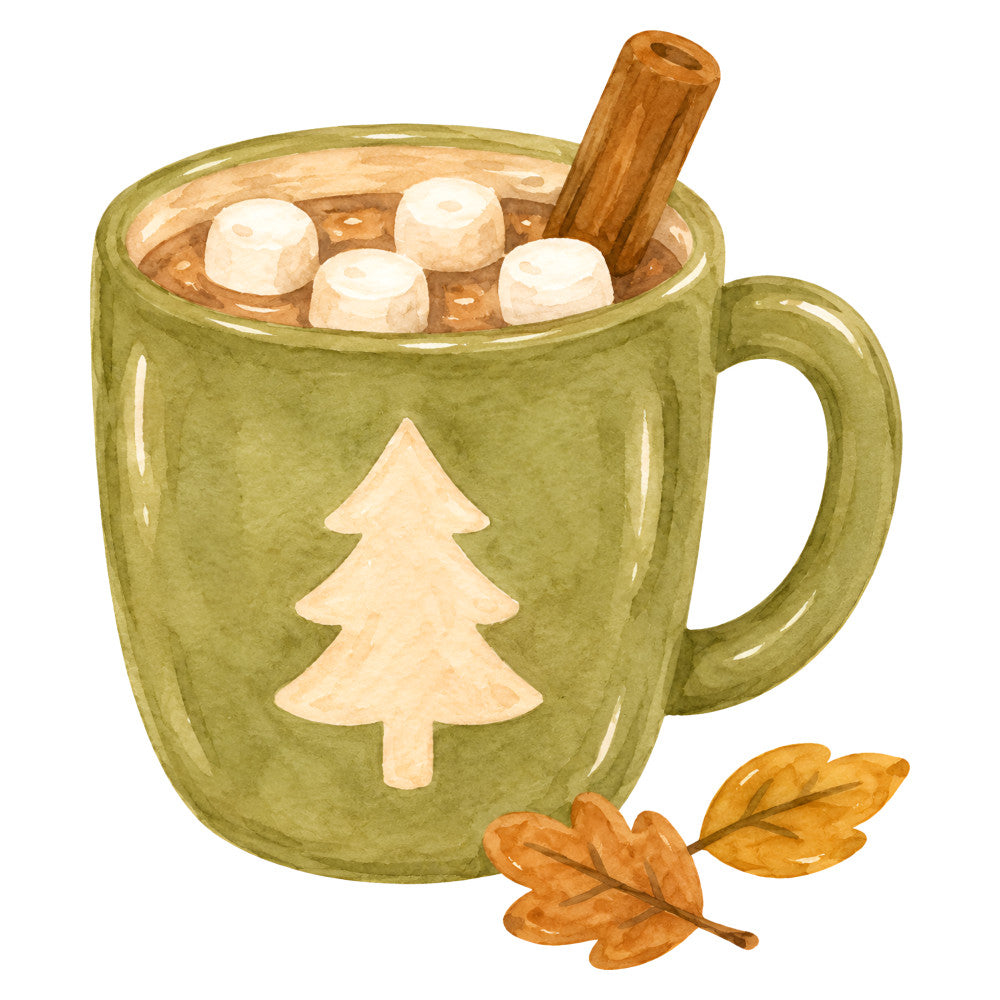 sage green, cream, warm brown, cinnamon, forest green, evergreen, christmas, holiday, winter, hot chocolate, cocoa, marshmallow, cinnamon stick, autumn leaves, nature, cozy, rustic, whimsical, festive, seasonal, christmas tree, pine tree, fall leaves, warm beverage, comfort, traditional, mug design, december, seasonal decoration, hygge