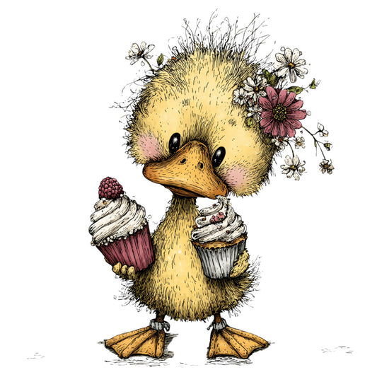 cute duckling, yellow, cream, dusty rose, burgundy, mauve, floral, whimsical, animal, spring, summer, baby, cupcakes, daisies, wildflowers, botanical, sweet, playful, nursery, children's, farmyard, pastoral, vintage inspired, charming, delicate, nature themed, decorative panel, wall hanging, baby quilt, tender