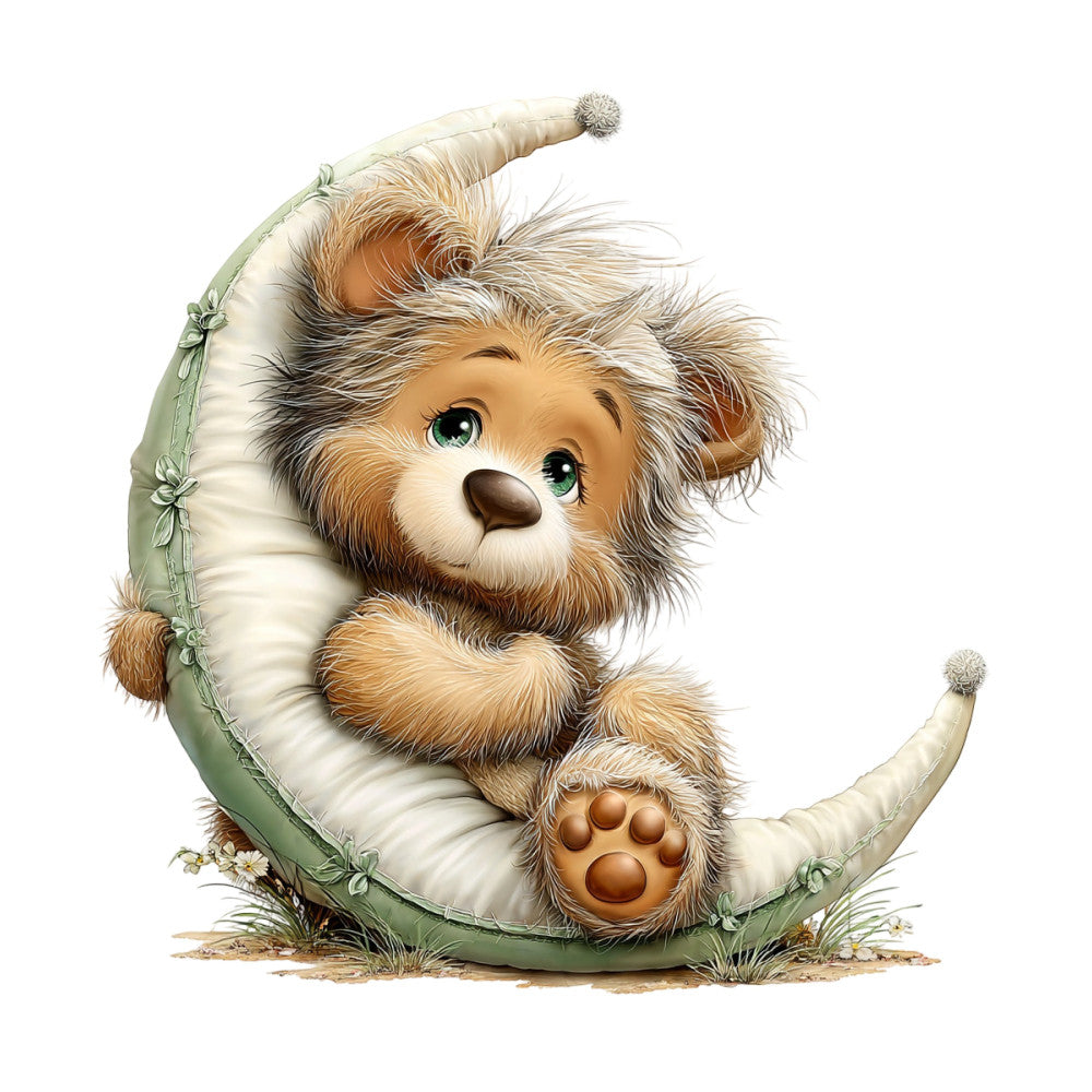 cute teddy bear, whimsical animals, baby nursery, pea pod, sleeping bear, soft sage green, cream ivory, warm brown, golden tan, nature-inspired, storybook illustration, children's design, gentle animals, woodland theme, cozy nursery, baby quilt, wall hanging, sweet dreams, lullaby theme, illustrated characters, playful style, soft pastels, natural earth tones, cottage core, fairytale, springtime, whimsy, tender illustration, gender neutral, nursery decor
