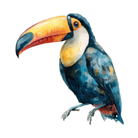 toucan, tropical birds, bird illustration, teal blue, navy blue, golden yellow, orange, coral red, white, colorful birds, wildlife, nature, jungle, exotic birds, tropical theme, whimsical, artistic, detailed illustration, bird motifs, natural history, vintage style, contemporary, animal prints, watercolor effect, vibrant colors, rainforest, nursery, wall art, home decor
