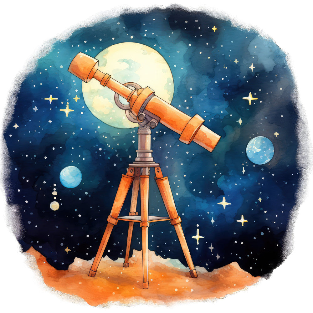 celestial, night sky, telescope, moon, stars, astronomy, space exploration, navy blue, cream, coral, orange, rust, golden yellow, whimsical, vintage, educational, science themed, planets, stargazing, observatory, tripod, constellation, dreamy, wonder, adventure, children's, steampunk, vintage scientific, earth tones, twilight