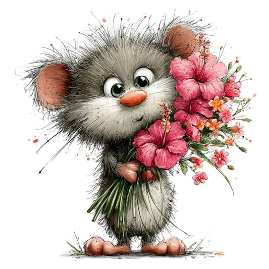 cute cat, fluffy kitten, whimsical animals, pink flowers, hibiscus, wildflowers, spring, gray and white, coral orange, dusty rose, charcoal gray, cream white, floral bouquet, nature themed, woodland creatures, children's design, baby quilt, nursery decor, playful style, folk art, watercolor effect, adorable pets, gift giving, cheerful, botanical, garden flowers, illustrative style, sweet character, cottage core