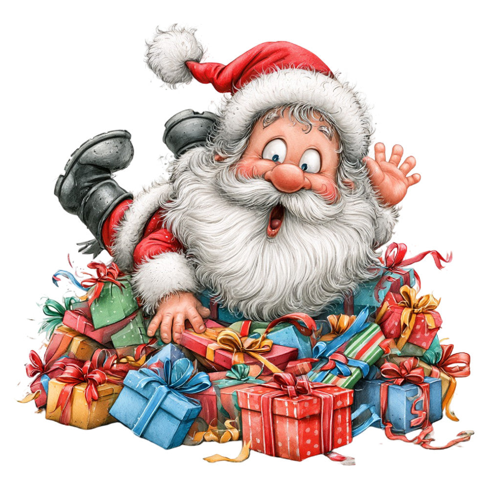 santa claus, christmas, holiday, jolly santa, gift boxes, presents, red and white, blue, gold, festive, whimsical, traditional, vintage style, cheerful, children's, seasonal, winter, red suit, white beard, boots, colorful ribbons, wrapped gifts, cheerful expression, family friendly, nostalgic, retro, decorative panel