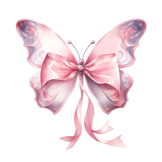butterfly, pink ribbon, breast cancer awareness, watercolor style, pastel pink, lavender, purple, delicate wings, fabric panel, quilting cotton, soft colors, gentle artwork, ribbon bow, translucent wings, ethereal design, charitable theme, supportive message, feminine colors, craft project, sewing material