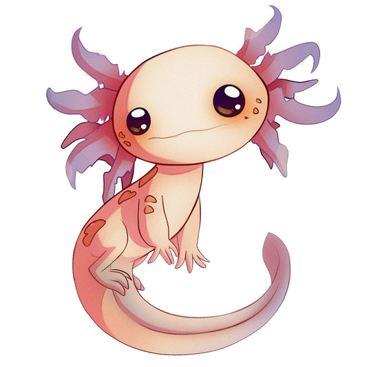 cartoon axolotl, fabric panel, pink gradient, purple gills, cream colored, kawaii style, cute amphibian, big eyes, salamander, aquatic animal, soft pastels, anime inspired, chibi art, whimsical design, spotted pattern, adorable creature, quilting cotton, craft fabric, children's design, fantasy animal