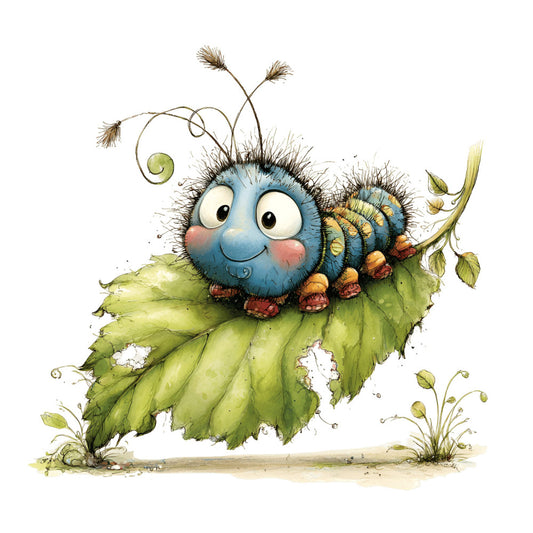 blue caterpillar, whimsical animals, children's illustration, sky blue, forest green, cream, orange accents, nature theme, garden insects, cute critters, playful style, storybook art, spring theme, summer theme, fuzzy texture, leaf motifs, nature lovers, kids fabric, nursery décor, fairy tale, magical creatures, bug illustration, caterpillar design, botanical elements, whimsy, charming characters, woodland creatures, soft colors, children's quilt, baby fabric
