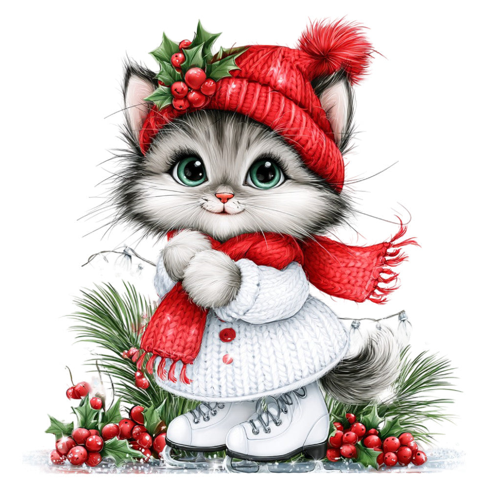 winter cat, christmas cat, holiday cat, white cat, red hat, red scarf, festive, whimsical, cute animals, kitten, green eyes, holly berries, pine branches, red and white, cozy, seasonal, christmas themed, animal portraits, cat lover, holiday decor, winter wonderland, festive animals, playful, charming, children's fabric, decorative panel, wall hanging, holiday season, christmas colors, cold weather