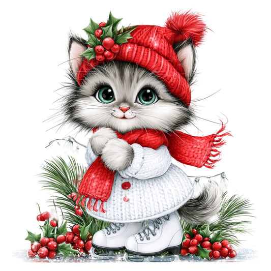 winter cat, christmas cat, holiday cat, white cat, red hat, red scarf, festive, whimsical, cute animals, kitten, green eyes, holly berries, pine branches, red and white, cozy, seasonal, christmas themed, animal portraits, cat lover, holiday decor, winter wonderland, festive animals, playful, charming, children's fabric, decorative panel, wall hanging, holiday season, christmas colors, cold weather