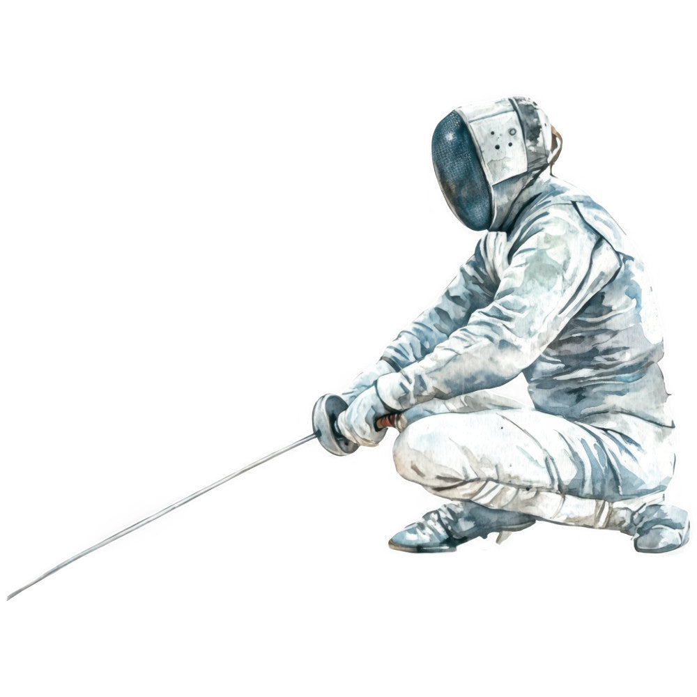 fencer, fencing, sport, athletic, sword, epee, action figure, watercolor, illustration, portrait, male figure, gray, blue-gray, slate blue, white, cream, realistic, detailed, vintage sport, olympic, competition, athlete, masculine, educational, instructional, wall art, decorative, modern art, figure study, monochromatic