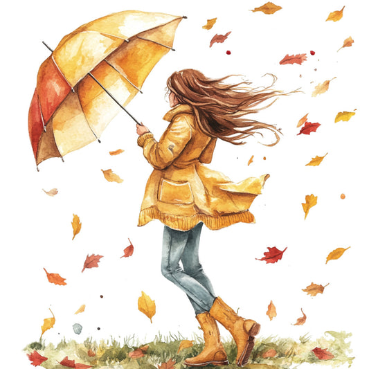 autumn, fall, golden yellow, warm gold, burnt orange, rust red, cream, sage green, charcoal gray, watercolor, whimsical, nature, seasonal, leaves, falling leaves, girl, child, umbrella, raincoat, boots, wind, breezy, playful, storybook, illustration, children's, kids, casual, outdoor scene, grass