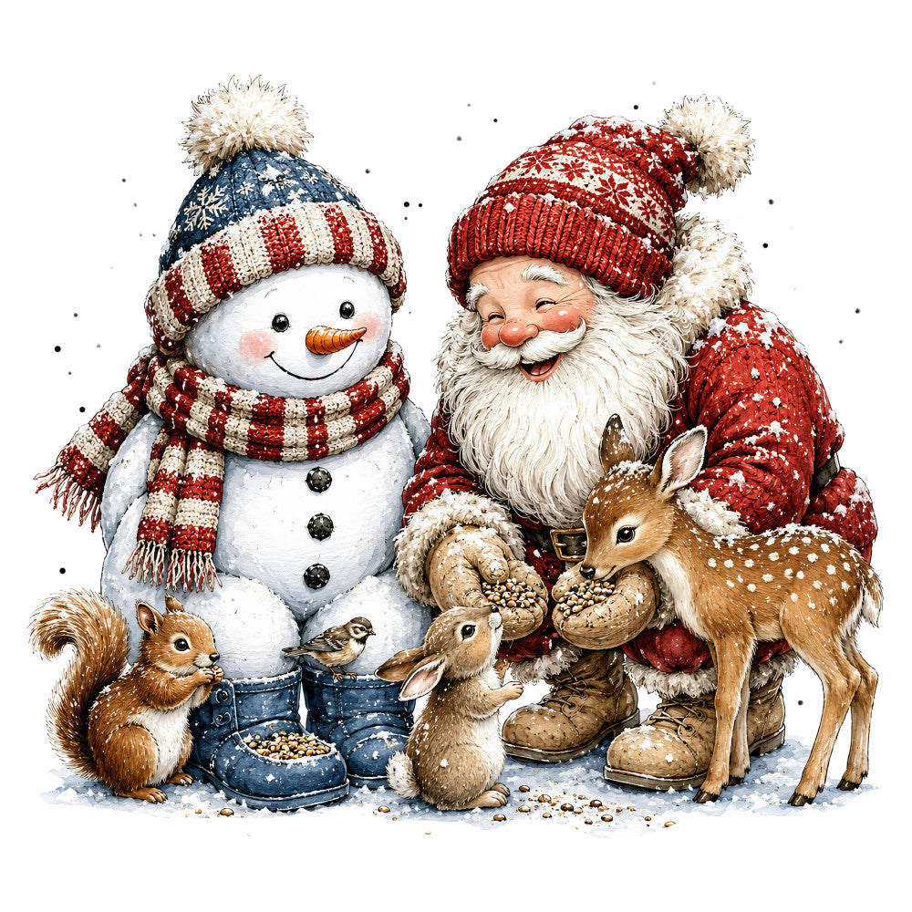 christmas, holiday, santa, snowman, winter, festive, red, cream, navy blue, gold, snow, animals, woodland, deer, rabbit, squirrel, whimsical, nostalgic, vintage, traditional, patriotic, striped, knit pattern, cozy, children's, seasonal, decorative, folk art style, cheerful, snow-covered