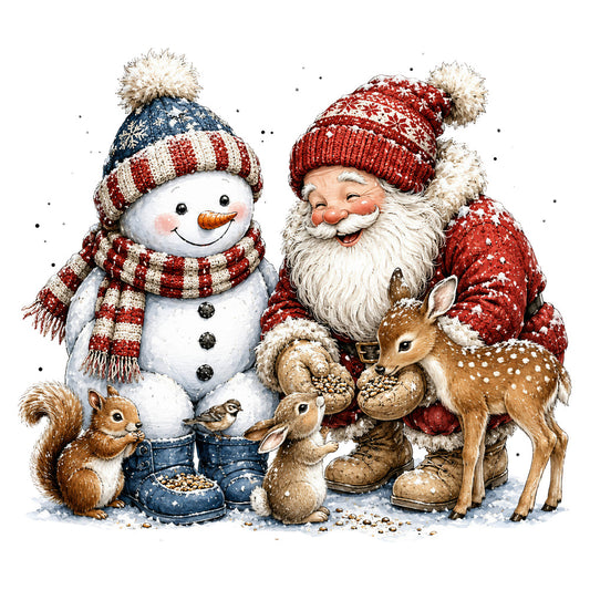 christmas, holiday, santa, snowman, winter, festive, red, cream, navy blue, gold, snow, animals, woodland, deer, rabbit, squirrel, whimsical, nostalgic, vintage, traditional, patriotic, striped, knit pattern, cozy, children's, seasonal, decorative, folk art style, cheerful, snow-covered