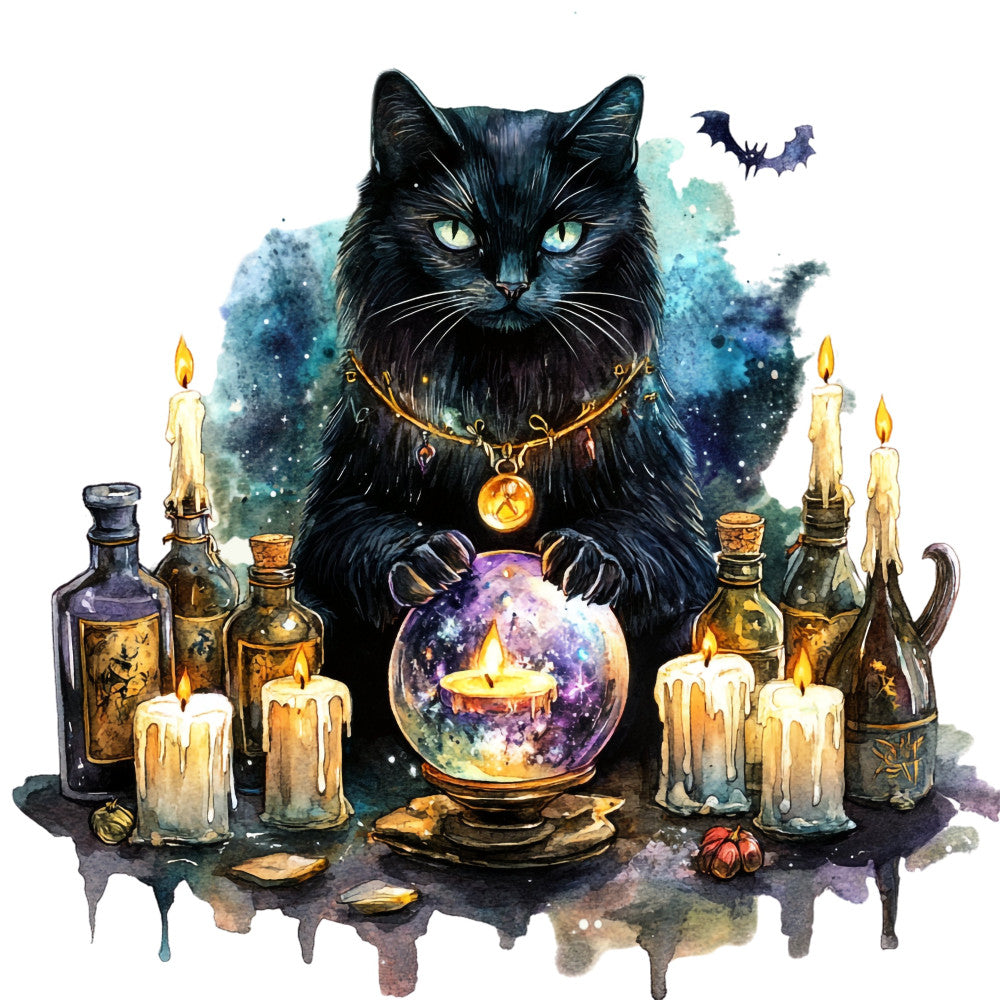 black cat, mystical, witchy, halloween, celestial, crystal ball, candles, purple, gold, turquoise, teal, dark blue, navy, watercolor, magical, gothic, occult, spooky, autumn, fall, bats, potion bottles, tarot, fortune telling, bohemian, whimsical, elegant, dark academia, moon phases, enchanted