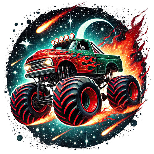 monster truck, red, black, teal, orange, yellow, flame pattern, fire, celestial, space, stars, moon, meteor, cosmic, vehicles, trucks, action, bold, vibrant, whimsical, fun, adventure, boy's quilt, children's fabric, novelty, graphic, contemporary, dynamic, energy, explosive