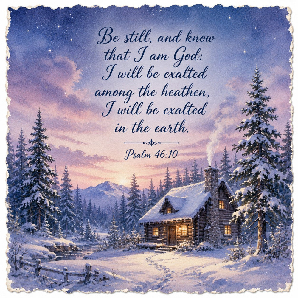 winter landscape, snow-covered trees, cabin, log house, scripture verse, psalm 46:10, religious, spiritual, inspirational, twilight sky, purple sky, lavender, deep blue, navy blue, gold accents, stars, starry night, evergreen trees, pine trees, snowy forest, mountain landscape, cozy cabin, rustic, peaceful, serene, winter holiday, christmas, faith-based, motivational quote, winter scene
