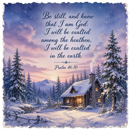 winter landscape, snow-covered trees, cabin, log house, scripture verse, psalm 46:10, religious, spiritual, inspirational, twilight sky, purple sky, lavender, deep blue, navy blue, gold accents, stars, starry night, evergreen trees, pine trees, snowy forest, mountain landscape, cozy cabin, rustic, peaceful, serene, winter holiday, christmas, faith-based, motivational quote, winter scene