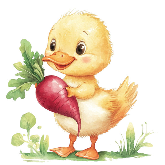 cute duckling, yellow duck, red beet, vegetable garden, farmhouse, whimsical, children's, baby, spring, summer, golden yellow, cream, coral orange, deep red, sage green, animal, birds, garden theme, vintage style, pastoral, nursery, storybook illustration, cheerful, playful, nature-inspired, cottage core, illustrated, sweet, adorable, children's book
