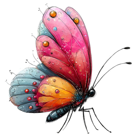 butterfly, pink, coral pink, magenta, hot pink, orange, golden yellow, turquoise blue, teal blue, watercolor, whimsical, nature, insects, spring, summer, colorful, jewel tones, gradient, artistic, decorative, home décor, wall hanging, botanical, fantasy, illustrated, vibrant, multi-colored, detailed wings, spotted pattern, elegant