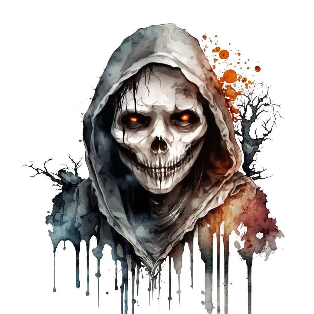 grim reaper, skull, skeleton, gothic, dark, halloween, spooky, supernatural, horror, watercolor, abstract, orange, gray, charcoal, cream, burnt sienna, dead tree, twisted branches, glowing eyes, macabre, dark fantasy, death, mystical, moody, dramatic, autumn, gothic theme, edgy, eerie