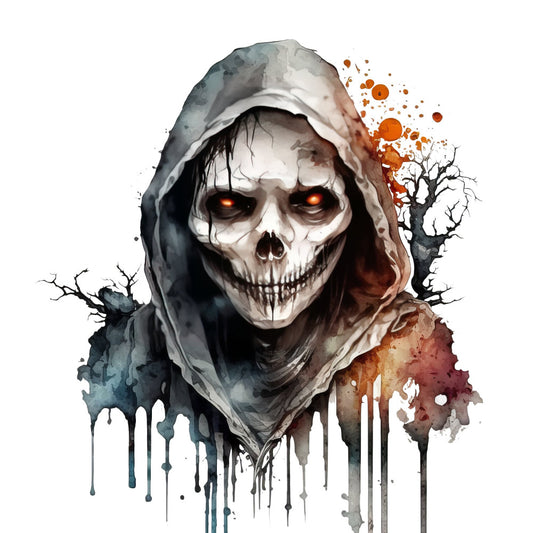grim reaper, skull, skeleton, gothic, dark, halloween, spooky, supernatural, horror, watercolor, abstract, orange, gray, charcoal, cream, burnt sienna, dead tree, twisted branches, glowing eyes, macabre, dark fantasy, death, mystical, moody, dramatic, autumn, gothic theme, edgy, eerie
