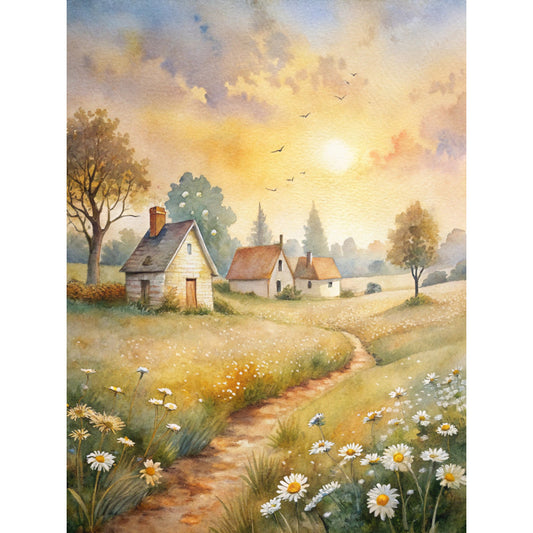 watercolor painting, pastoral scene, cottage houses, country village, dirt path, white daisies, wildflowers, golden sunset, orange rooftops, green trees, blue sky, birds flying, rural landscape, fabric panel, quilting cotton, peaceful meadow, countryside charm, soft pastels, scenic vista, nature artwork