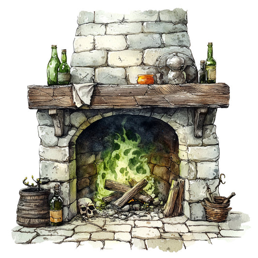 fireplace, stone, brick, cottage core, rustic, vintage, medieval, fantasy, tavern, ale, beer, bottles, green flames, skull, dark academia, gothic, autumn, warm tones, cream, tan, brown, dark green, sage green, orange glow, cozy, moody, witchy, mystical, barrel, hearth
