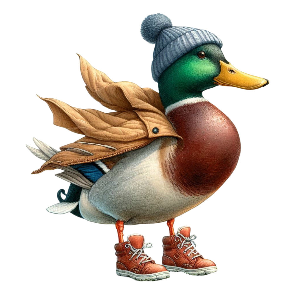 mallard duck, forest green, burgundy red, golden brown, cream white, whimsical, vintage, farmhouse, animals, birds, jacket, boots, winter hat, pom pom beanie, anthropomorphic, charming, storybook, children's, playful, adventure theme, woodland creatures, dressed animals, cozy, rustic style, autumn colors, nature inspired, character design, illustration style